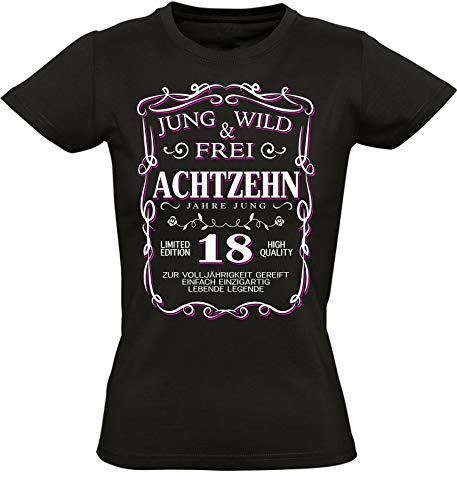 Baddery Damen T-Shirt 18. Geburtstag - „18 Jahre Jung wild und frei“ (L)