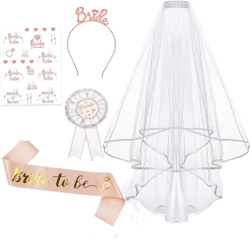 Lecone JGA Accessoires Frauen Bride to Be Deko 5 Stück Frauen Junggesellinnenabschied Accessoires Weiß Braut JGA Rosegold Stirnband Tiara, Hochzeit Fotorequisiten Spiele Zubehör für Bachelorette Party