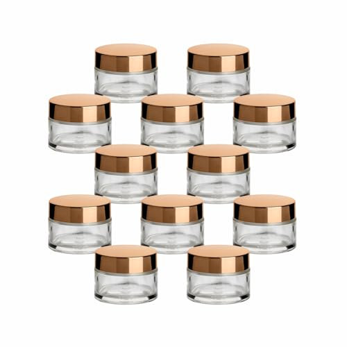 gouveo Lot de 12 pots à crème 30 ml en verre avec couvercle à visser doré – Mini pots vides à remplir – Mini pots pour crèmes, cosmétiques, lotions – Pots cosmétiques pour voyage et sac à main