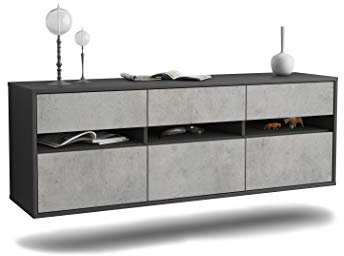 Dekati Lowboard Raleigh hängend (136x47x35cm) Korpus anthrazit matt - Front Beton Optik - Push to Open - hochwertige Leichtlaufschienen