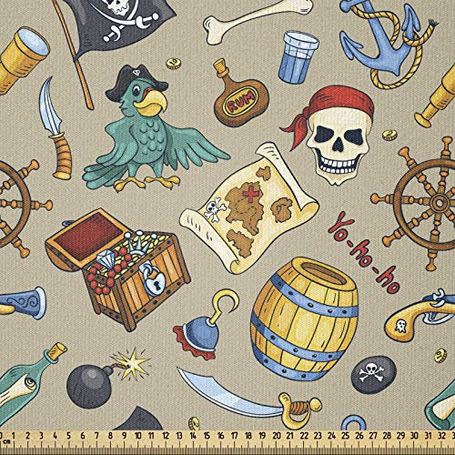 ABAKUHAUS Pirates Stoff als Meterware, Fröhlich Sketch Cartoon, ausdehnbar mit Elestan für Heimwerkarbeiten und Näharbeiten, 1Meter, Taupe Rot