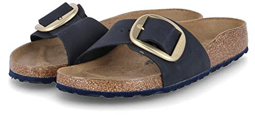 BIRKENSTOCK Damen Pantoletten Sandalen Madrid Big Buckle Pantolette Glattleder Gemütlich Puschen uni madrid big-buckle dunkel-blau leder gold