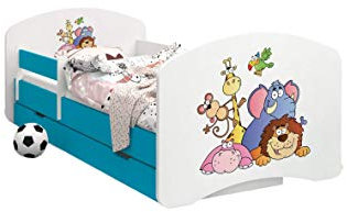 HappyBabies - Doppelseitiges Kinderbett MIT SCHUBLADE Modernes Design mit sicheren Kanten und Absturzsicherung Schaumstoffmatratze 7 cm Blau (Safari, 180x90)