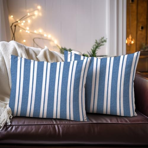 Encasa XO Kissenbezüge 2 Stück (30x50 cm) - Franca Blue Stripes - Weiche Baumwolle Leinwand Ungefärbt Rechteckige Kissenbezug Bunte Dekorative für Wohnzimmer Schlafzimmer Sofa Waschbar