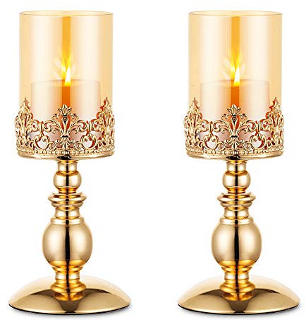 Candelabros de Pilar con Vidrio, Juego de 2 Candelabros Oro para Huracanes Regalos para la Decoración del Hogar, Candelabro para el Aniversario Bodas Centros Mesa para Fiestas Casa, Tamaño Pequeño