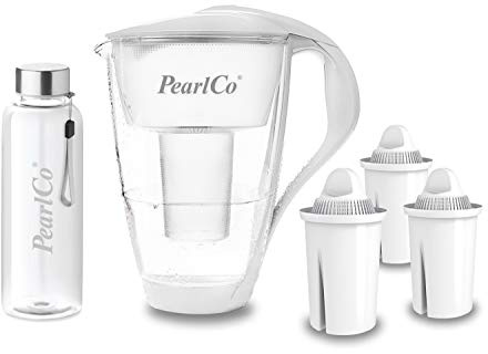 perlopur® Glas-Wasserfilter (weiß) +3 Kart. Universal +Glas-Trinkfl. | Borosilikatglas, 2 l gesamt, 1 l gefiltert, LED-Anzeige, für classic Kartuschen, reduziert Kalk, Chlor & andere Schadstoffe