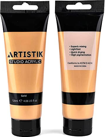 ARTISTIK Tubetti di vernice acrilica color oro, set da 2 - 120 ml, colori metallici di grado professionale, per tela, carta, legno e altre superfici, colori vivaci atossici per principianti e artisti