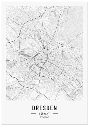 JUNOMI® Dresden Poster DIN A2 Schwarz Weiss, DIN A2 Wohnzimmer Deko, Modernes Wandbild, Dresden Bild, Wandbild ohne Rahmen, Stadtplan Poster Dresden, perfekte Geschenkidee für Dresdener
