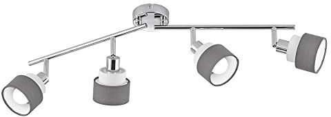 WOFI Deckenstrahler NAPLES Silber Chrom mit vier runden Lampenschirmen aus Stoff Grau/Weiß, Spots schwenkbar E14 Fassung H: 20,2 cm x B: 9 cm x L: 85 cm