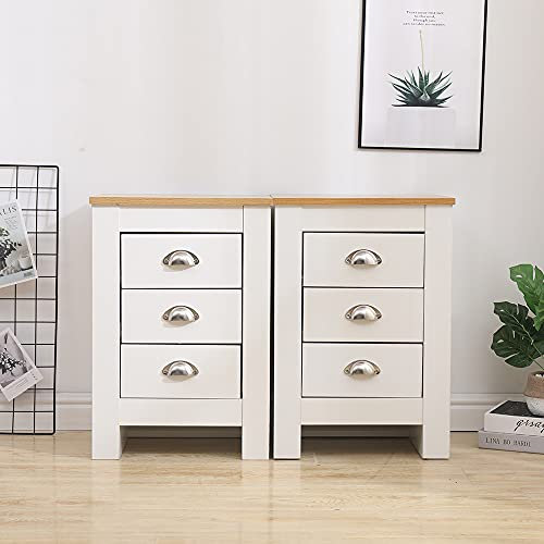 Homemade Design Bedroom Pair of 2 Wooden Bedside Table Nightstand with 3 Drawers Storage Unit for Bedroom White and Oak
