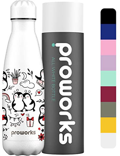 Proworks Edelstahl Trinkflasche | 24 Std. Kalt und 12 Std. Heiß - Vakuum Wasserflasche - Isolierflasche für Sport, Laufen, Fahrrad, Yoga und Camping - 1 Liter - Alles weiß - Pinguin Huddle