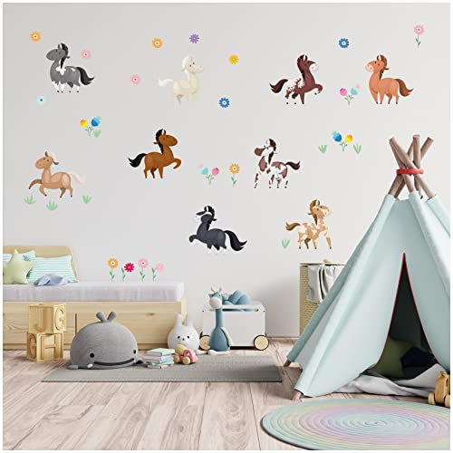 Wandsticker personalisiert Sticker Aquarell Tiere mit Name Wandtattoo für Kinderzimmer Babyzimmer Spielzimmer Mädchen Junge Y037 (Nr. 32 Pferde, Ohne Wunschname)