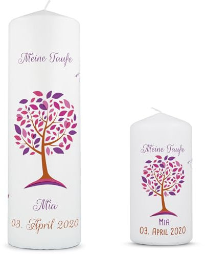 GRAVURZEILE Taufkerze Lebensbaum - Kerze mit Namen, Datum & Taufspruch - Hochwertige Stumpenkerze 250/80 mm brilliant bedruckt - Personalisiertes Taufgeschenk für Mädchen & Jungen - Rosa Set