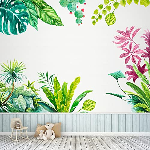 Wajade Wall Stickers Tropical Green Plants Wall Decals for Bedroom Living Room Red Leaves Wall Murals Removable Self-Adhesive Decals Art