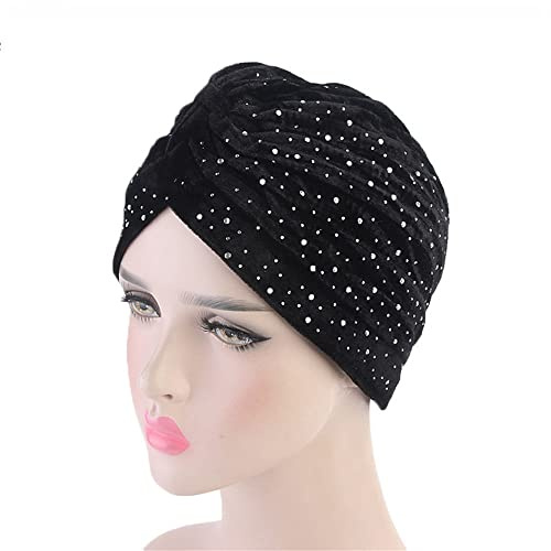 GIVBRO Turban Caps Strass Perlen Kopfbedeckung Wrap Haarkappe Chemo Plissee Stirnband Haarausfall Hut Nightcap für Frauen verkleiden Schwarz
