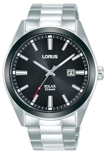 Lorus Solar - Montre à Quartz pour Homme Casual Bracelet et boîtier en Acier Inoxydable Gris Affichage analogique Noir - RX335AX9