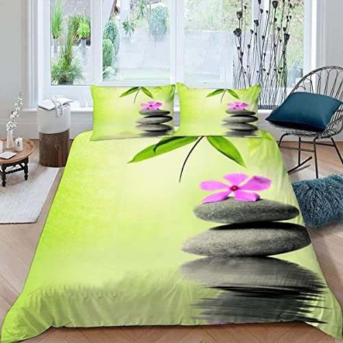Housse de Couette 240×260 Adulte Microfibre Housse Couette Pierre Zen Spa Zen Bambou Parure de Lit 2 Personnes Luxueuse Qualité Supérieure Housse de Couette Fermeture Éclair