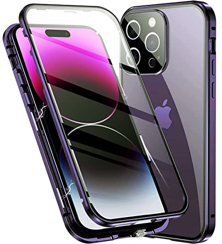 Esteller Hülle für iPhone 14 Pro Magnetische Handyhülle,360 Grad KomplettSchutz Case [Mit Kamera Linse Schutz] Metallrahmen + Vorne und hinten Gehärtetes Glas Schutzhülle,Schwarz