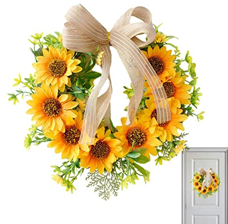 Gusengo Yellow Spring Sunflower Wreath,15.7in Yellow Door Wreath | Honeybee Festival Outdoor Wreaths With Bow And Green Leaves For Home