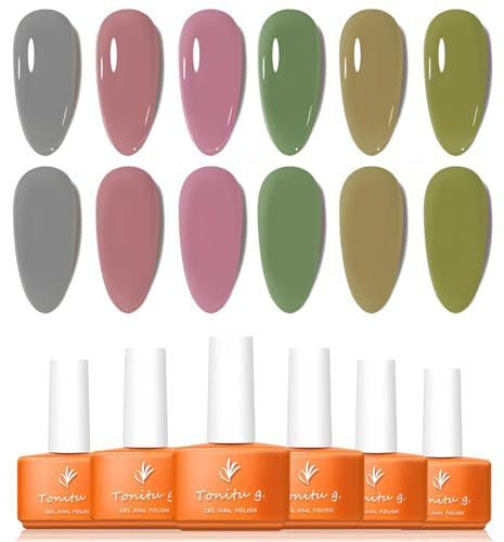 Tonitu G 7ml Gellack Set 6 Farben Gel Nagellack kit, Grau, Mauve, Rosa, Babyrosa, Salbei, Grün, Hellbraun, Beige, Olivgrün. Beliebt, Nagelkunst-Design, Soak-Off-LED bei der Maniküre, DIY, Salon
