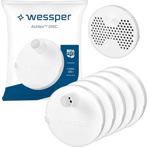 Wessper Pack de 5 Filtros de agua ActitexTM DISC redondos de carbón activado para botella de agua de 1L, Tapa de filtro para botella de agua de carbón activado de 1L, Hasta 250L de agua o 1 mes