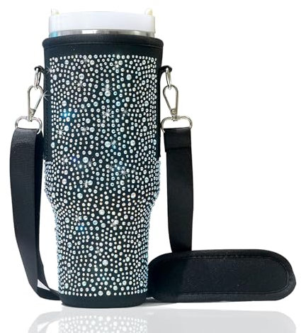 FLWVOG Bling Stanley - Bolsa para vasos, bolsa Stanley para botella de agua con correa, soporte para tazas Stanley con bolsillo para teléfono Stanley de 40 onzas (negro)