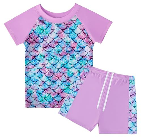 JiAmy Girls Swimming Costume Kids Two Piece Short Sleeve Swimsuit UV Sun Protection Swimwear Summer Beach Bathing Suit 7-8 Years