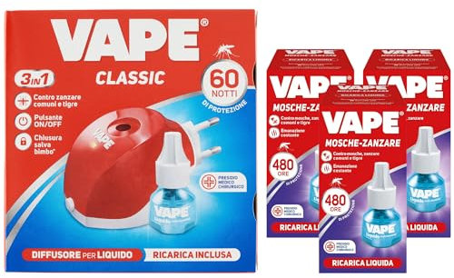 Elettroemanatore Liquido Classic con Ricarica Liquida 60 Notti, Diffusore Antizanzare + 3x Ricarica Liquida Mosche-Zanzare, Protezione per 480 ore, Protegge dalle Mosche, Zanzare Comuni e Tigre