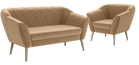 MEBLINI Mini Sofa Set 2-1 für Wohnzimmer - Mini Lounge für DREI Personen - Küchensofa - Sofa Klein - Sitzgarnitur - Polstergarnitur - Sofagarnituren - Gisela - 2+1 - Beige Samt