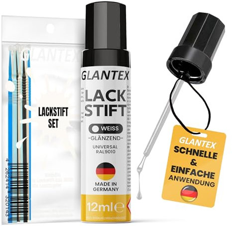 GLANTEX Lackstift Weiß glänzend [12ml] - Autolack mit hoher Deckkraft gegen Kratzer und Steinschläge, für Auto, Felgen, Möbel, Heizkörper - RAL 9010 (Weiß Glanz + 10 Lacktupfer)