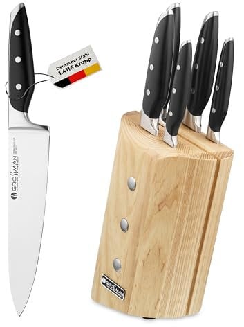 GROSSMAN Hopewell Messerblock 5-teilig – Küchenmesser Set mit schwarzen Griffen – deutsche Edelstahlklingen – Messerhalter in hellem Elfenbein – rutschfest & elegant