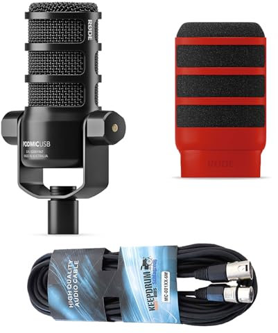 Rode Podmic USB XLR Podcast Speaker Microphone + WS14R Deluxe Pop Protector Red + Keepdrum XLR Cable
