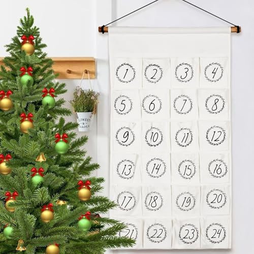 Premium DIY Adventskalender-Set zum Befüllen & Aufhängen - 24 beschriftete Stoff-Säckchen mit Zahlen auf einer 85cm hohen Stoffunterlage mit Aufhänger