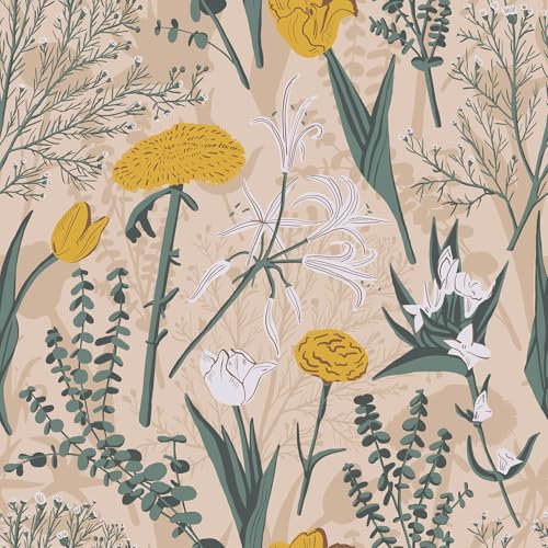 CRE8TIVE Beige Floral Wallpaper Peel and Stick Wallpaper Eucalyptus Leaf Floral Contact Paper Self Adhesive 30.5cm x 300cm Botanical Wallpaper Vintage Wallpaper for Bedroom Bathroom Cupboard Furniture