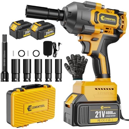 Conentool 1000 N.m Akku Schlagschrauber, 21V Elektrisch Drehschlagschrauber mit 2×4.0 Ah Batterien, Bürstenloser Motor 1/2 Schlagschrauber Akku mit 5 Stecknüsse, Impact Wrench für Reifenwechsel