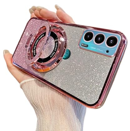 SIYOPINPFY Case for Motorola Moto Edge 20 Case Glitter Sparkly Diamond Luxury Plating Silicon TPU Soft Cover Camera Protector Magnetic Ring Stand Holder Case for Motorola Edge 20, Shiny Rose Gold