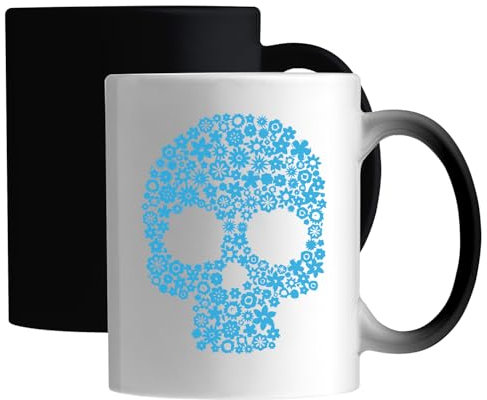 Tazza magica in ceramica bianca con teschio con fiori blu