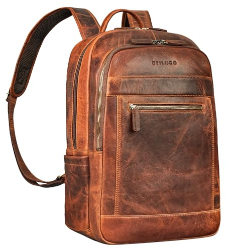 STILORD Jamal Leder Laptop Rucksack 16 Zoll Damen Herren - Arbeitsrucksack Groß Vintage Backpack Echtleder Premium Rucksack für Büro Arbeit Reise Lederrucksack Farbe:Kara - Cognac