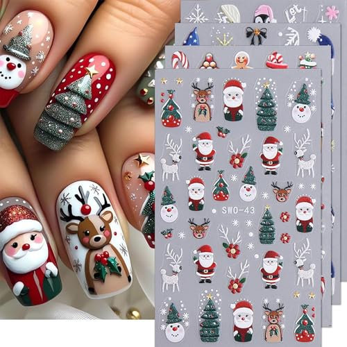 TELAIN Weihnachts-Nagelaufkleber, Weihnachtsbaum und Santa Claus Nagelstickers, 4 Stück Schneeflocken, Lebkuchenmann, Pinguin und Elch, Nageldesign Maniküre Aufkleber für Frauen