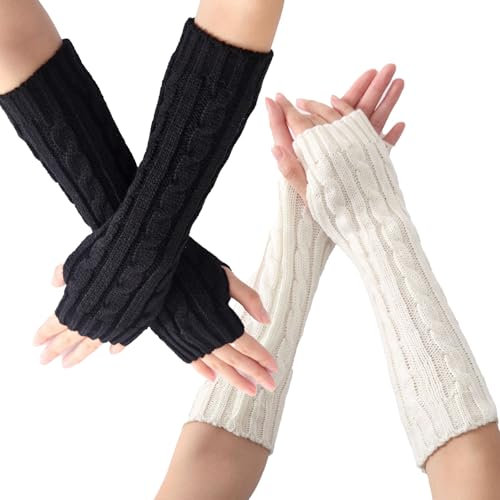 2 Pairs Long Arm Warmers, Fingerless Gloves for Women and Men - Autumn Winter Knitted Sleeve Hand Warmer for Adults