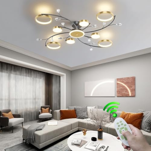 RuiRfh Moderne LED Kristall Deckenlampe Eisen Schwarz Gold Blume Wohnzimmerlampe im nordischen Stil mit Fernbedienung Deckenleuchte im Kronleuchterstil geeignet für Schlafzimmer Arbeitszimmer Esszimme