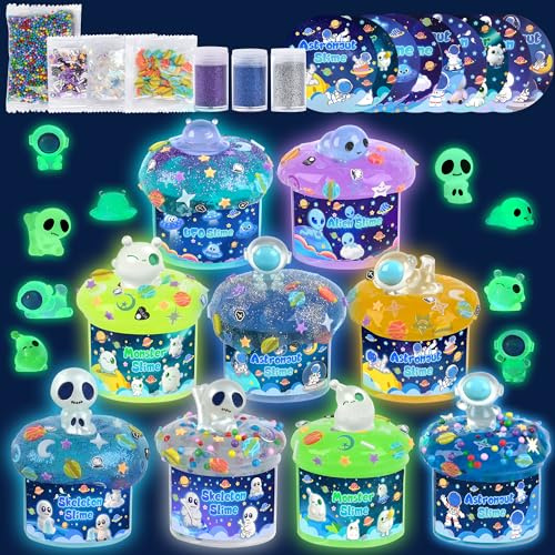 Galaxy Leuchtender Slime Kit 9er Pack, mit Leuchtanhängern, Regenbogen-Schleim-Set für Kinder, Leucht-Party-Geschenke für Jungen & Mädchen, Ostern, Halloween