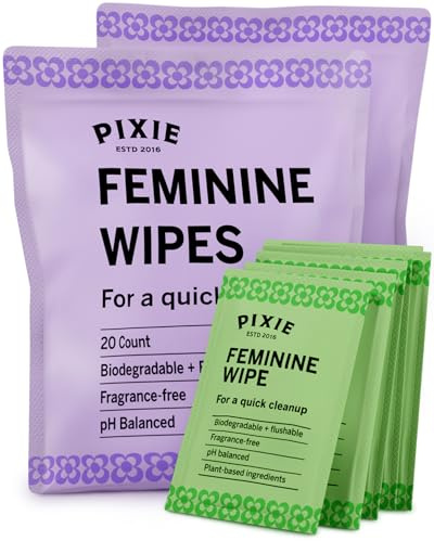 Pixie Feminine Wipes - Flushable, Biodegradable, & Ph Balanced - Individually Wrapped Packet Wipes for On The Go & Public Bathrooms - Wash & Cleaner For Your Menstrual Cups & Discs (2 Packs of 20)