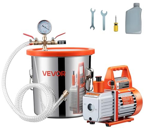 VEVOR Kit Pompa a Vuoto da 110 L/min, Kit Camera di Degasaggio 11,36 L, Pompa per Vuoto Monostadio, Coperchio in Vetro Temperato, Tubo 1,5 m, per Stabilizzare Resina Siliconica Degassante Legno
