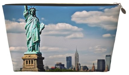 Freiheitsstatue in NYC Prints Reise-Kulturbeutel aus PVC-Leder mit goldenen Reißverschlüssen, wasserdichter Kosmetik-Organizer für Make-up, Toilettenartikel & Essentials, gold, Einheitsgröße