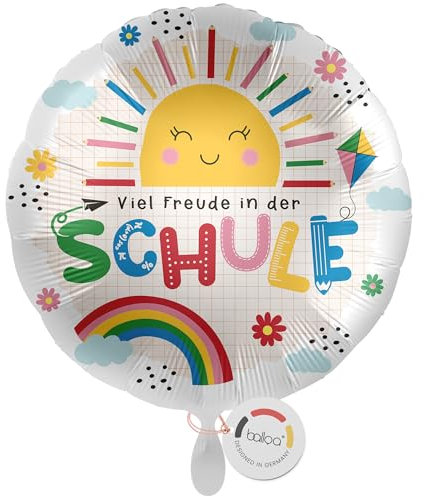 balloa Folienballon Viel Freude in der Schule, runder Helium Ballon zur Einschulung mit Sonne und Regenbogen, Geschenk zum Schulanfang für Mädchen oder Jungen, Einschulungsdeko für Schulkind, 33cm