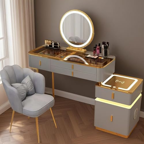 Schminktisch mit Spiegel und LED-Beleuchtung, Schminktisch mit Stuhl und Smart Circular Spiegel, Kosmetiktisch mit Glasplatte, Frisiertisch Modern für Mädchen (Grau+Gold+Normale Tischbeine, 100CM)