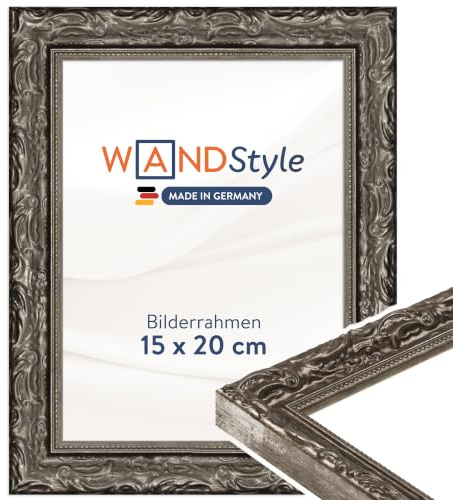 WANDStyle silberner Bilderrahmen 15x20 Holz, Bilderrahmen Silber Vintage | Hochwertiger Holzbilderrahmen Antik, Posterrahmen aufstellbar, Rahmen 20x15 cm, Fotorahmen H530 Made in Germany