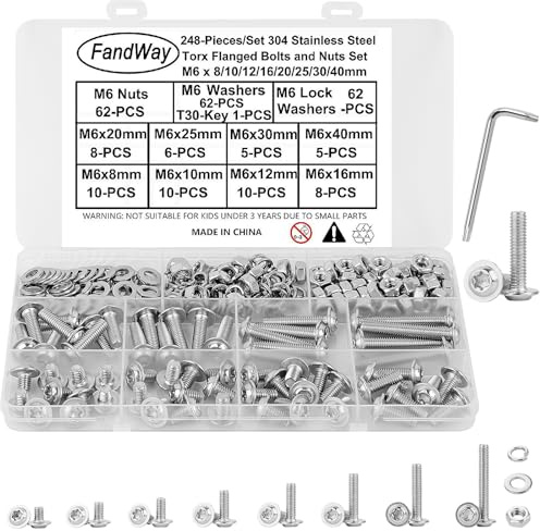 FandWay 248 Stk Linsenkopfschraube mit Flansch,M6 Torx Schrauben ISO 7380-2 Flanschschraube Gewindeschrauben Edelstahl A2 V2A Maschinenschrauben Muttern Unterlegscheiben Kit mit T10 Schlüssel.