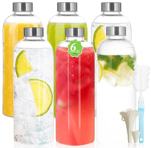 Botella De Agua De Vidrio de 1 Litro,Paquete de 3 Botellas de Vidrio Vacías con Tapas,Botella Vidrio Transparente,Agua,Batidos,Botellas De Jugo de Vidrio,A Prueba de Fugas